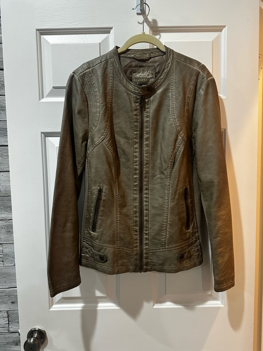 Faux Leather Zip-Front Bomber Style Jacket in Olive Green